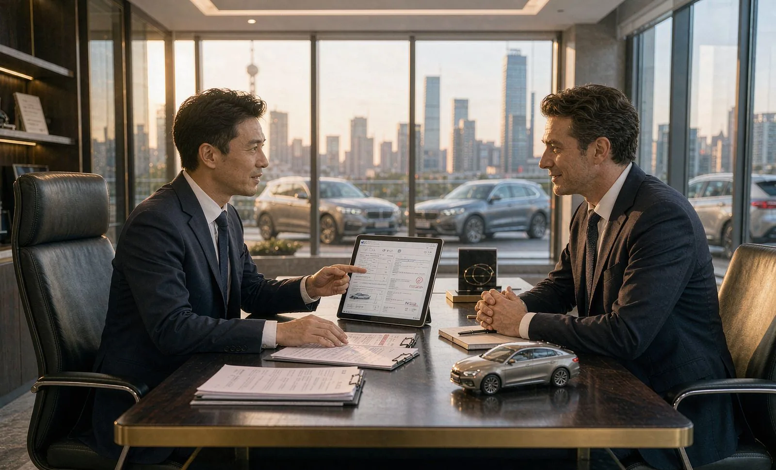 Export consultant reviewing shipping documents with an overseas dealer