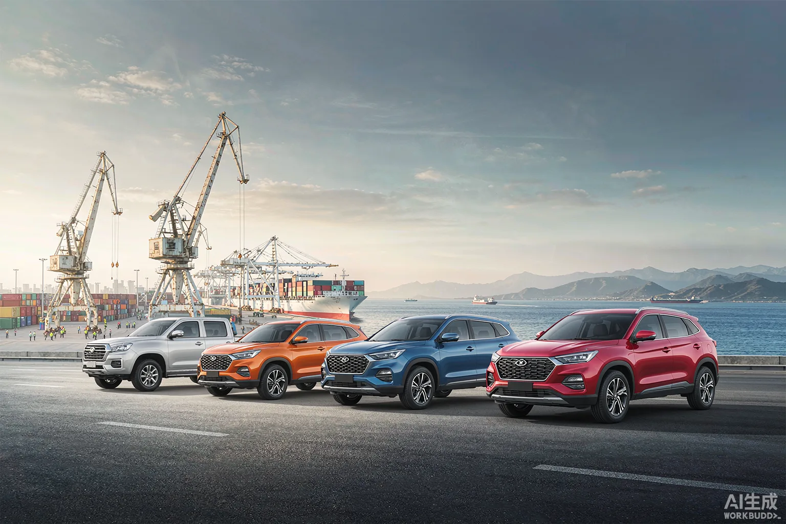 A row of brand-new compact SUVs staged for export, representing the SUVs most imported to Algeria