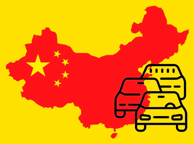 Illustration of new energy vehicles in front of a China map