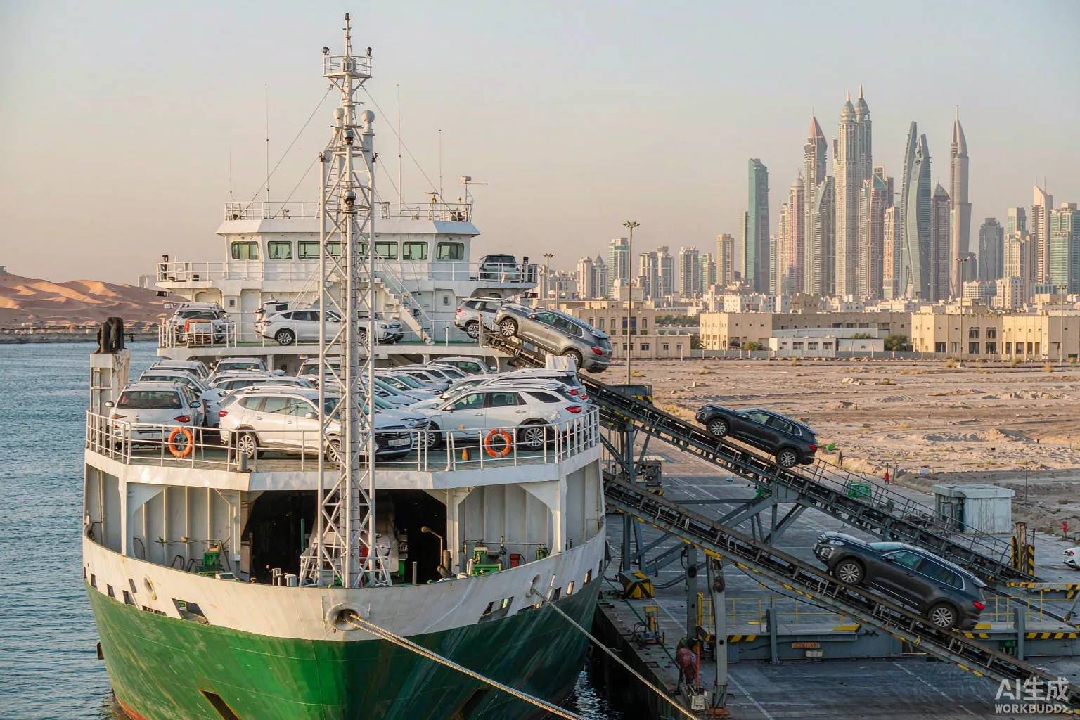 A car carrier ship unloading vehicles at a Saudi Arabian port, representing Gulf-bound vehicle imports